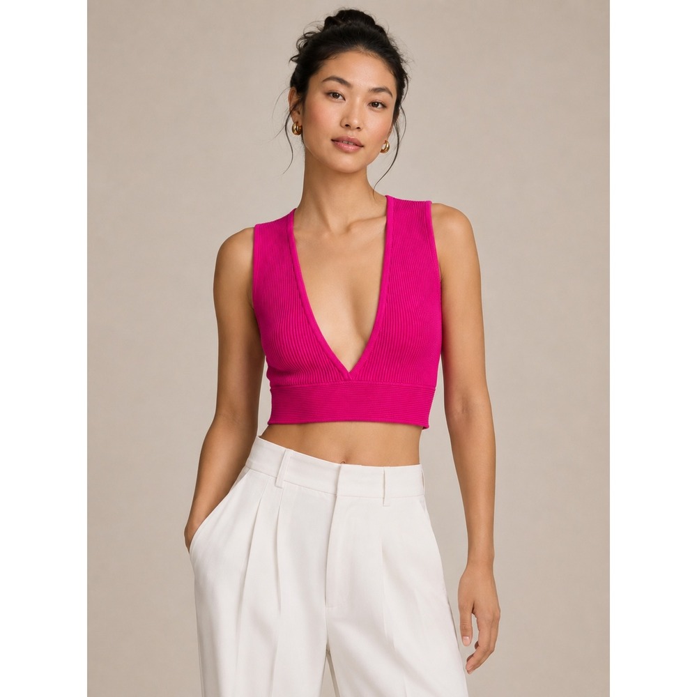 Babaton Sculpt Knit Deep V Tank XS Hot Pink Magenta Aritzia Ribbed Crop Knit Top